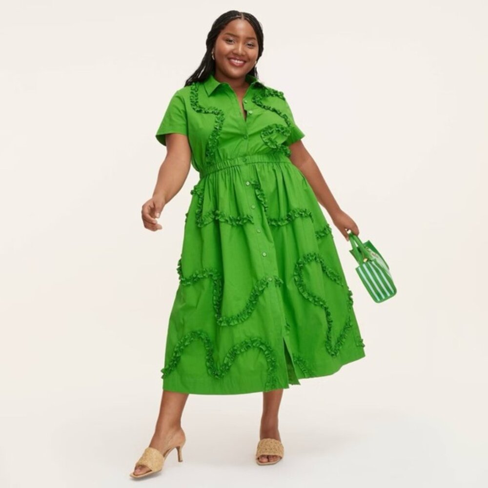 kate spade Bright Green Ruffle Shirt Midi Dress - Picture 4 of 13